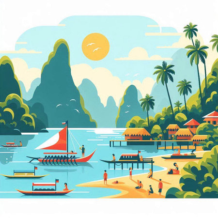 Landscape of tropical island with palm trees and boats. Vector illustrationのイラスト素材
