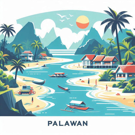 Landscape of tropical island with palm trees and boats. Vector illustrationのイラスト素材