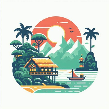 Landscape of tropical island with palm trees, bungalows and boats. Vector illustration.のイラスト素材