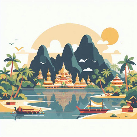 Landscape of Thailand. Landscape with temples, boats, palm trees and river. Vector illustration.のイラスト素材