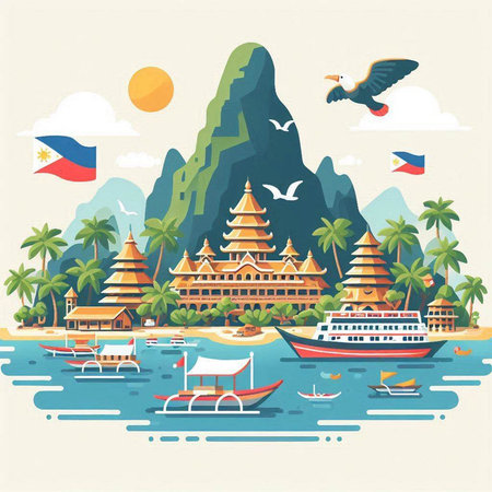 Cambodia travel vector illustration. Landscape of tropical island with sand, palm trees, boats and seagullsのイラスト素材