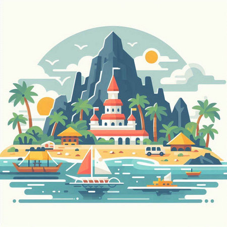 Tropical island. Vector illustration in flat style. Travel and vacation concept.のイラスト素材