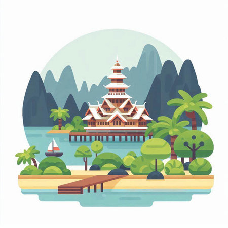 Buddhist temple on the lake. Vector illustration in flat styleのイラスト素材