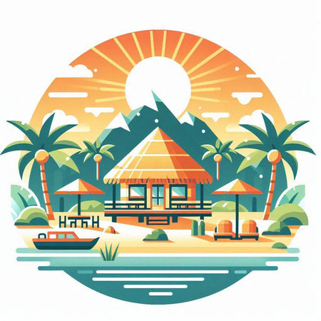 Tropical island with palm trees and bungalows. Vector illustration.のイラスト素材