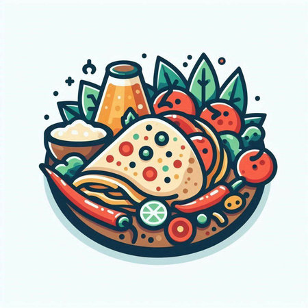 Pancakes in a plate with vegetables and fruits. Vector illustration.のイラスト素材
