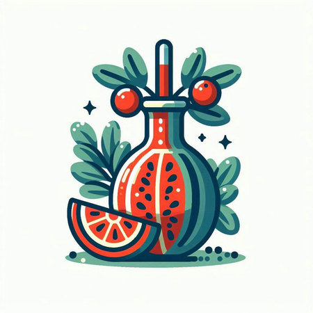 Stylized illustration of a bottle with a pomegranate on a white background.のイラスト素材