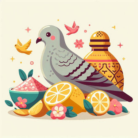 Pigeon, lemon, honey and birds. Vector illustration.のイラスト素材