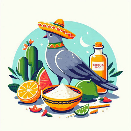 Pigeon in sombrero with food. Vector illustration.のイラスト素材