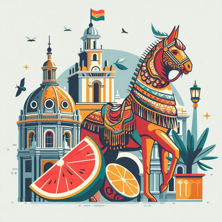 Horse in front of Seville Cathedral, Spain. Vector illustration.のイラスト素材