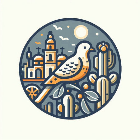 Vector illustration of a pigeon in a circle with cacti and mosqueのイラスト素材