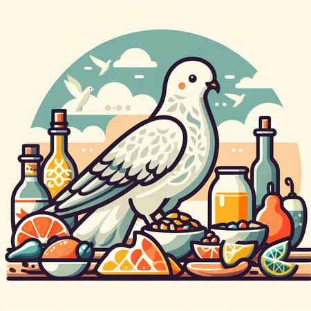 Pigeon, olive oil, lemon and wine. Vector illustration.のイラスト素材