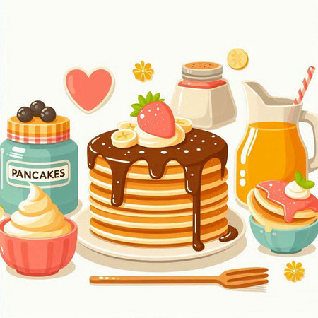 Pancakes with ice cream, chocolate syrup and fruits. Vector illustration.のイラスト素材