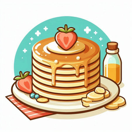 Illustration of a Stack of Pancakes Served with Strawberry and Maple Syrupのイラスト素材