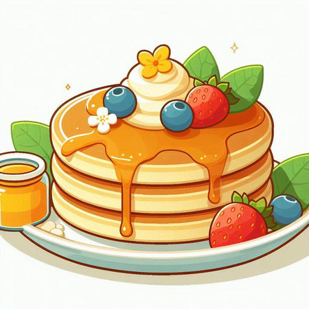 Illustration of a Stack of Pancakes with Berries and Honeyのイラスト素材