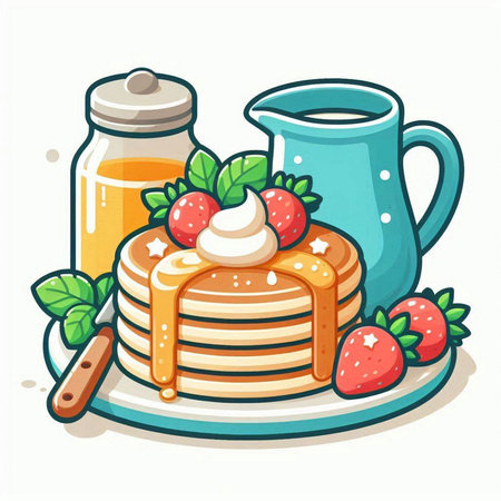 Pancakes with strawberry and honey on a plate. Vector illustrationのイラスト素材