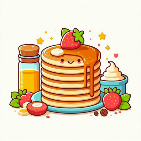 Cute pancakes with cream, strawberries and honey. Vector illustration.のイラスト素材