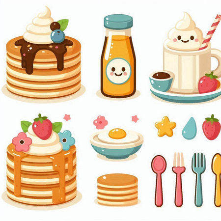 Set of cute cartoon pancakes icons. Vector illustration in a flat style.のイラスト素材