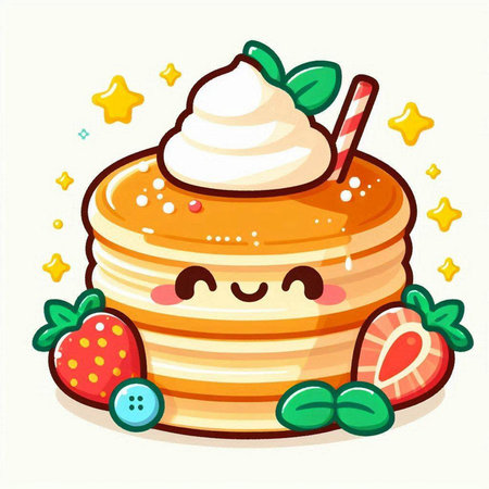 Cute pancake with whipped cream and strawberries. Vector illustration.のイラスト素材
