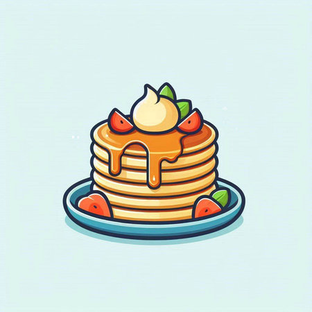 Pancakes with ice cream and strawberries on a plate. Vector illustration.のイラスト素材