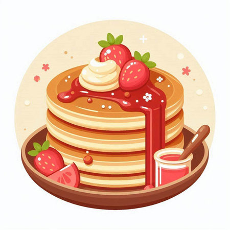 Pancakes with strawberries, cream and syrup. Vector illustration.のイラスト素材