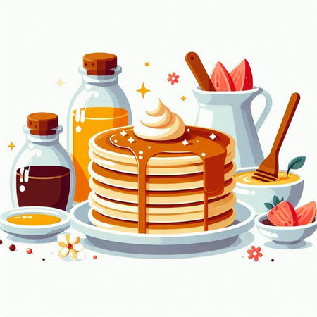 Illustration of a stack of pancakes with syrup, honey and berriesのイラスト素材