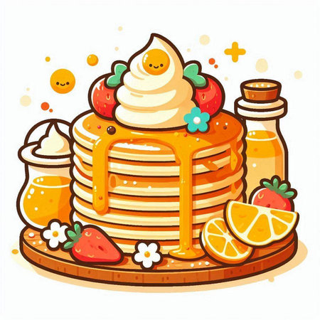 Illustration of a stack of pancakes with whipped cream, strawberries and honeyのイラスト素材