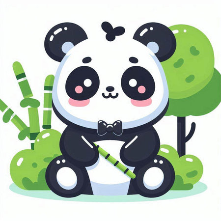 Cute cartoon panda sitting on the grass. Vector illustration.のイラスト素材