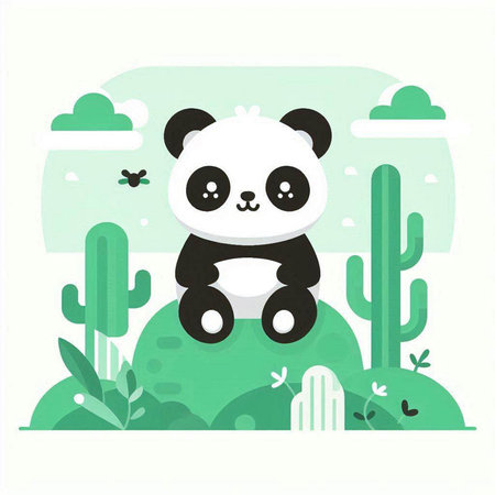 cute panda bear in the jungle. vector illustration in flat styleのイラスト素材