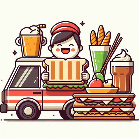 Vector illustration of fast food truck. Cute cartoon character design.のイラスト素材