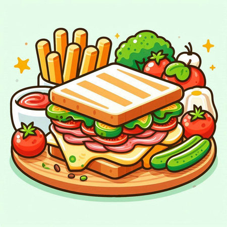 Illustration of a sandwich with french fries and vegetables, vector illustrationのイラスト素材