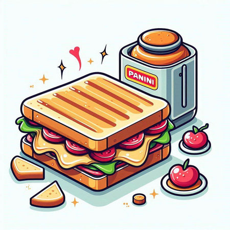 Sandwich with ham, cheese and tomato. Vector cartoon illustration.のイラスト素材