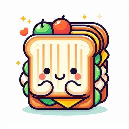 Cute sandwich with kawaii face. Vector flat cartoon illustrationのイラスト素材