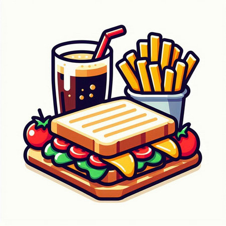 Illustration of a sandwich, fries and cola on a white backgroundのイラスト素材