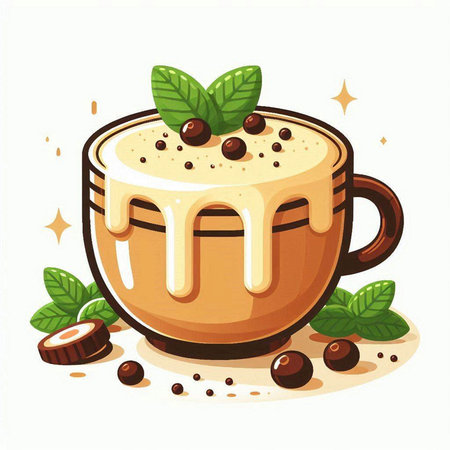 Coffee cup with chocolate and mint leaves. Vector illustration.のイラスト素材