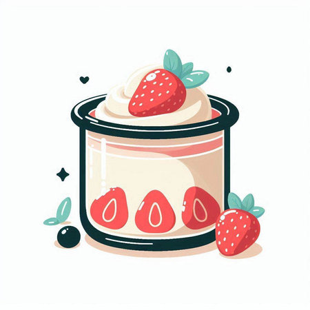 Creamy yogurt in a jar with strawberries. Vector illustration.のイラスト素材