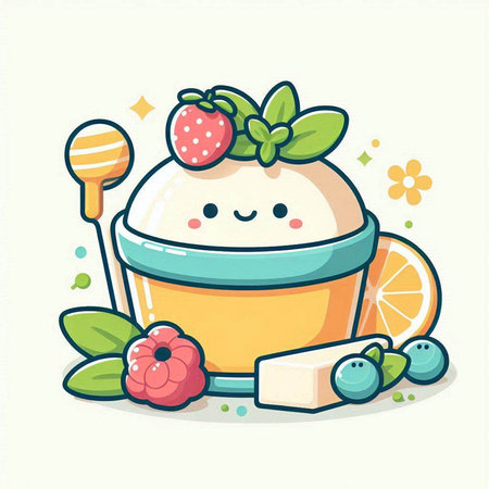 Cute ice cream with fresh berries and mint, vector illustration.のイラスト素材