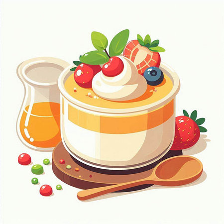Pudding with cream and fresh berries. Vector illustration on white background.のイラスト素材