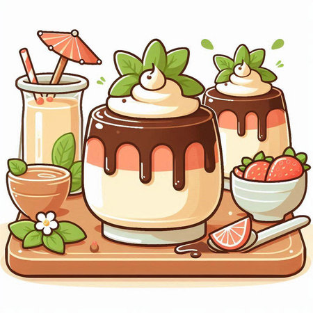 Illustration of a Chocolate Pudding with Fresh Mint Leaves and Strawberriesのイラスト素材