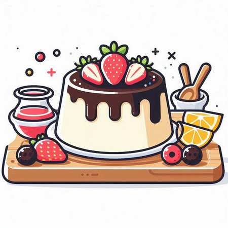 Vector illustration of a chocolate cake with strawberries on a wooden board.のイラスト素材