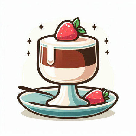 Chocolate panna cotta with strawberries and whipped cream. Vector illustration.のイラスト素材