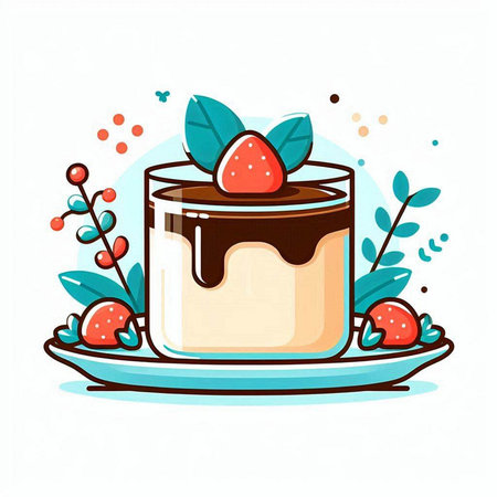 Chocolate panna cotta with strawberry and mint. Vector illustration.のイラスト素材