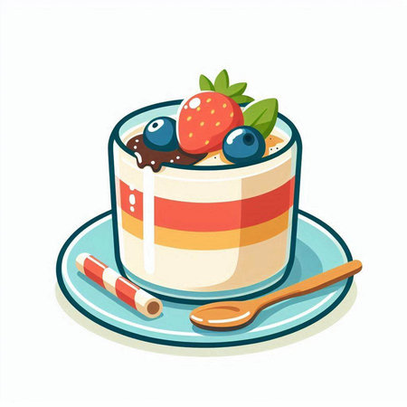 Cake with blueberries, strawberries and whipped cream. Vector illustration.のイラスト素材