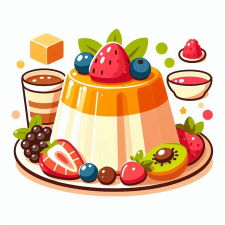Panna cotta dessert with fruits and berries. Vector illustration.のイラスト素材