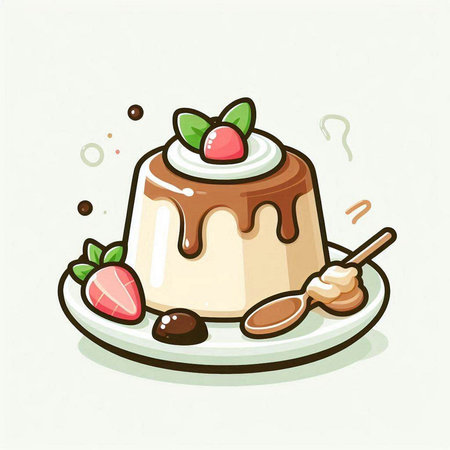 Panna Cotta with Strawberry and Chocolate Sauce Cartoon Vector Illustrationのイラスト素材