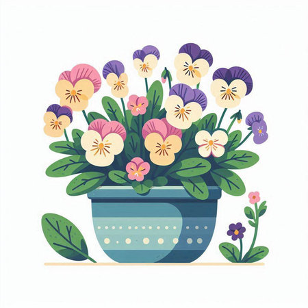 Flowerpot with pansy flowers. Vector illustration in flat styleのイラスト素材