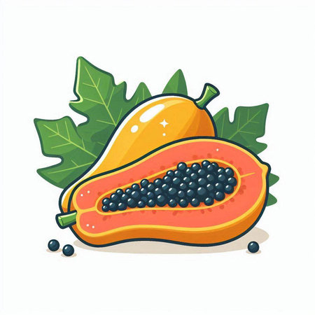 Papaya fruit with leaves on white background. Vector illustration.のイラスト素材