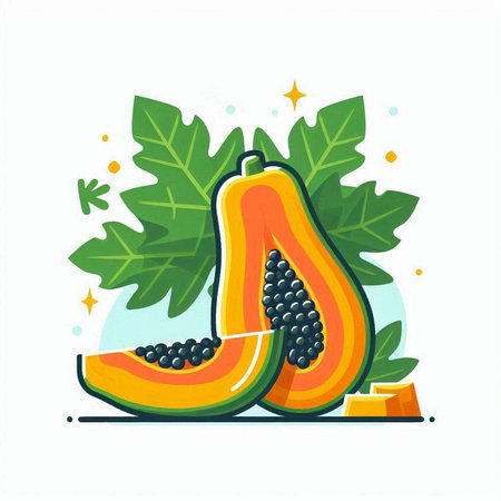 Papaya fruit and leaves on white background. Vector illustration.のイラスト素材