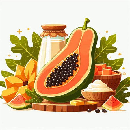 Papaya fruit, honey, yogurt, cream. Vector illustration.のイラスト素材