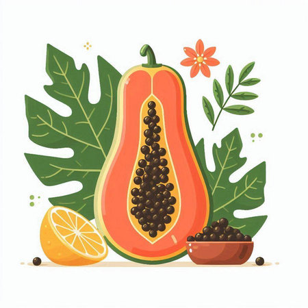 Papaya fruit with leaves and flowers. Vector illustration in flat style.のイラスト素材