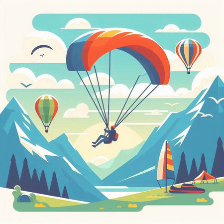 Paraglider flying over mountains. Vector illustration in flat styleのイラスト素材